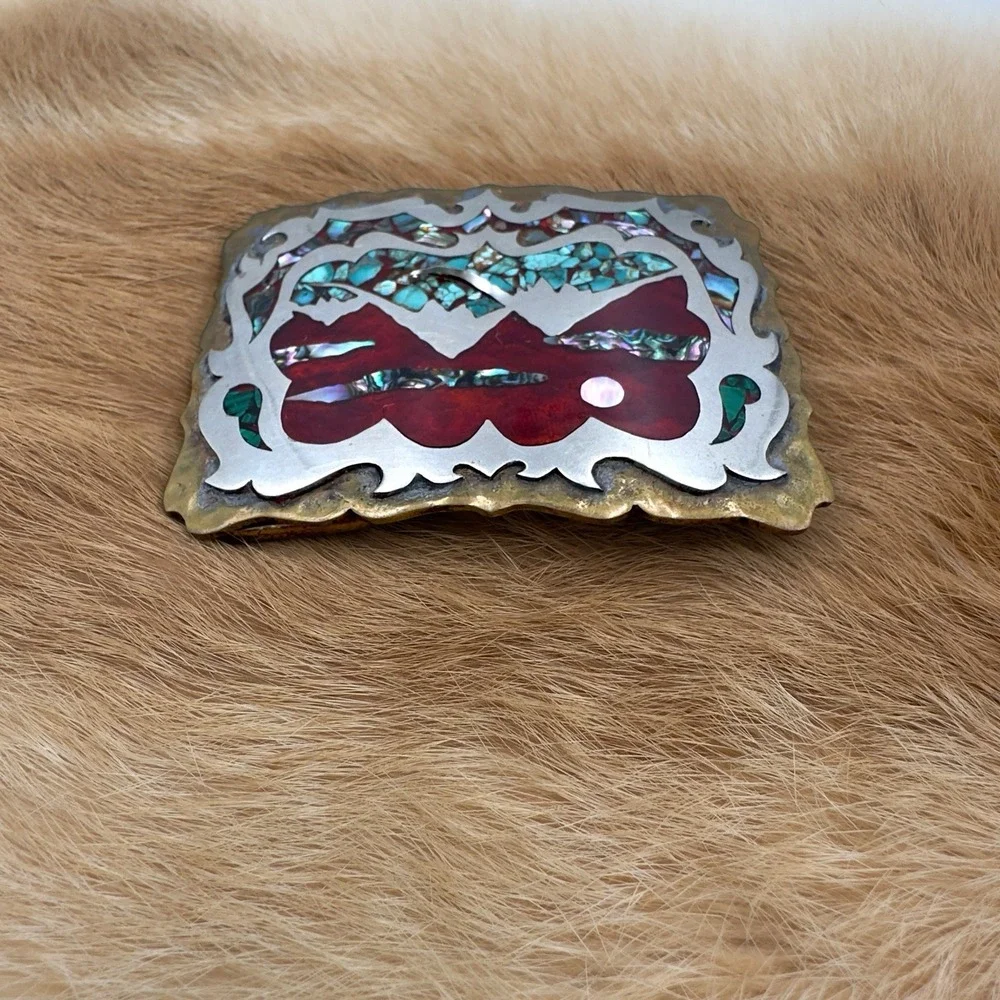 VTG Southwestern Mountain Landscape Turquoise Abalone Chip Inlay Belt Buckle